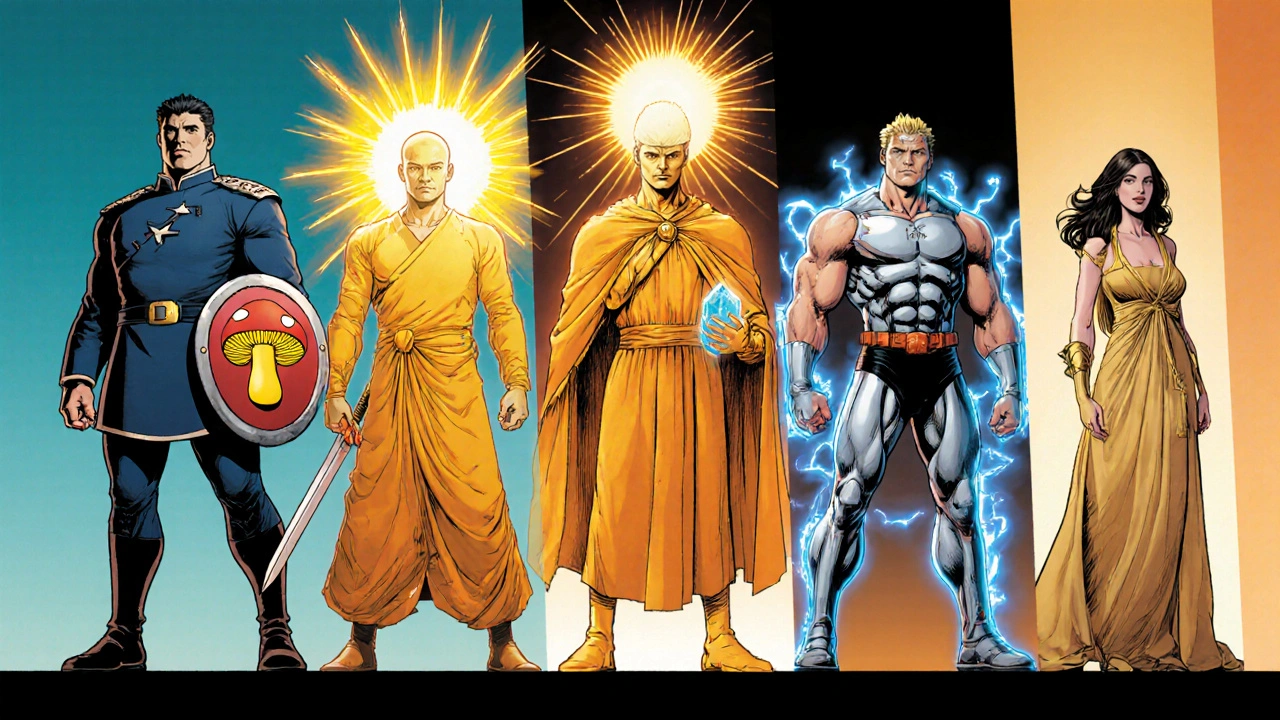 5つのサプリキャラクターが並び、各々の特徴を示すアクション姿。