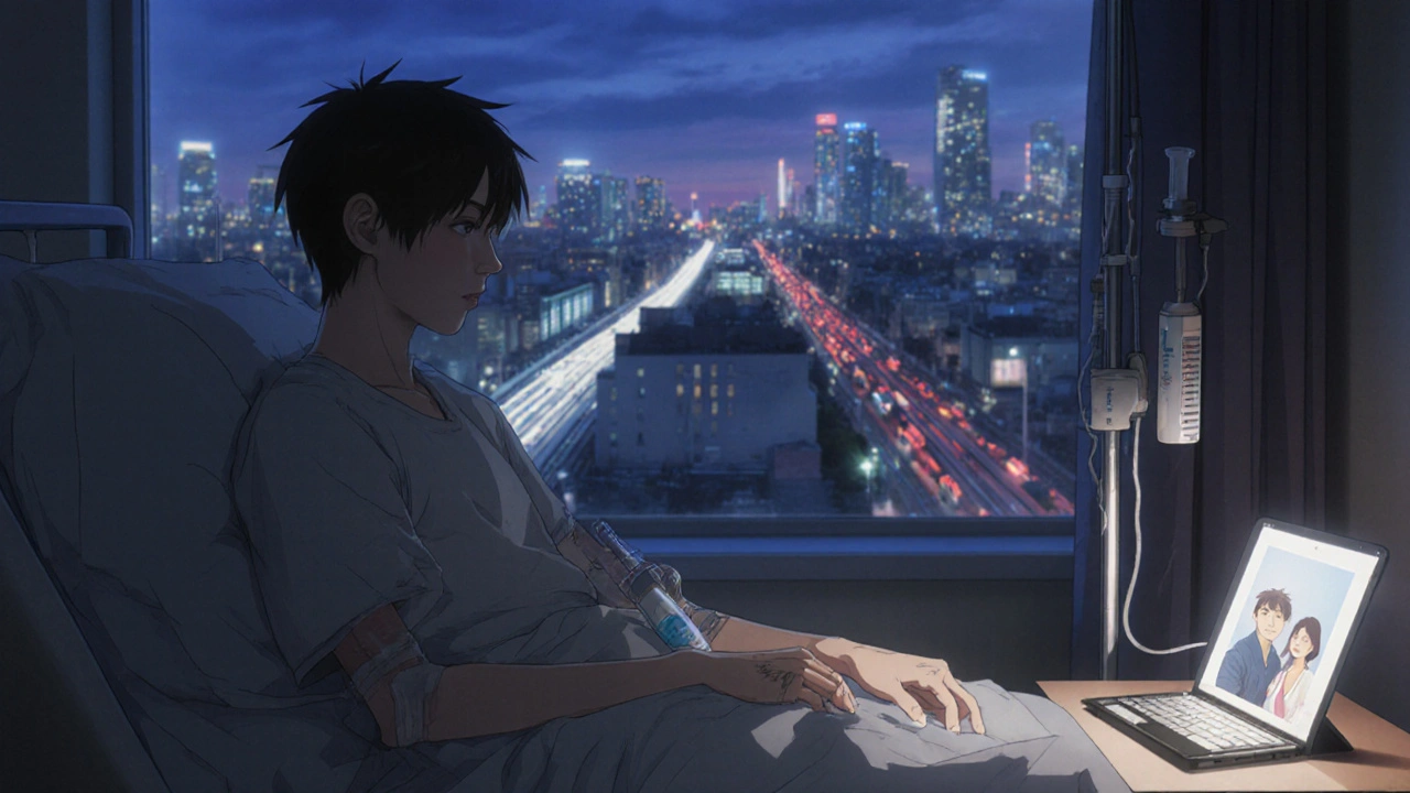 病院で点滴を受けている男性、外には夜の街の明かりが広がる。