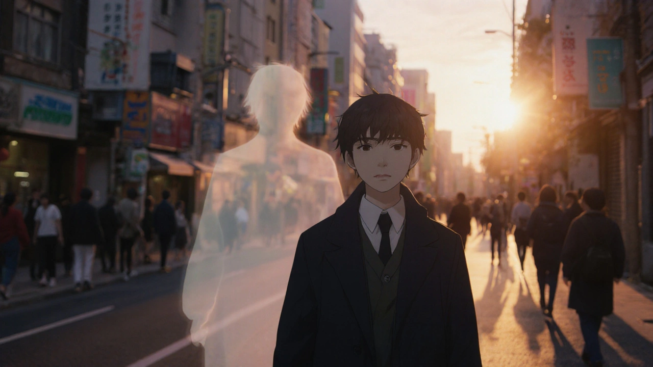 朝焼けの街を歩く若者、過去の自分を思わせる透き通る影が消えていく。