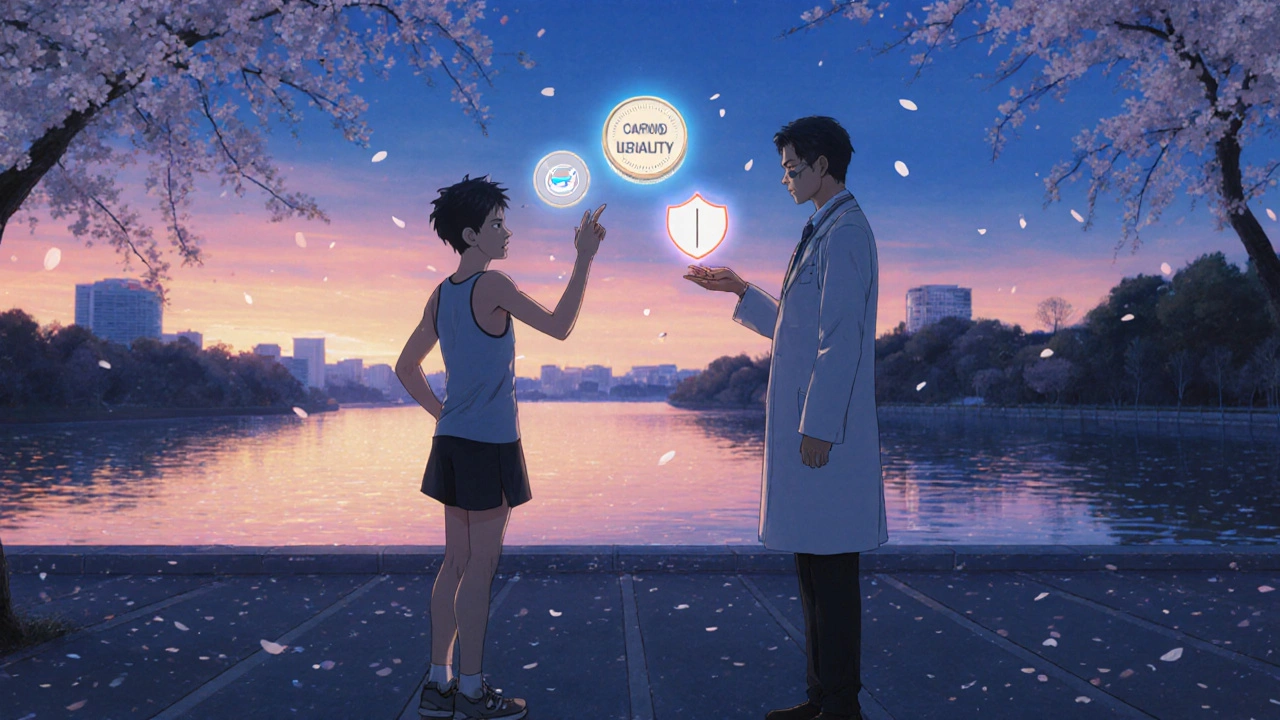 川辺でランナーと医師が相談し、コストや法的シンボルが浮かんでいる風景。