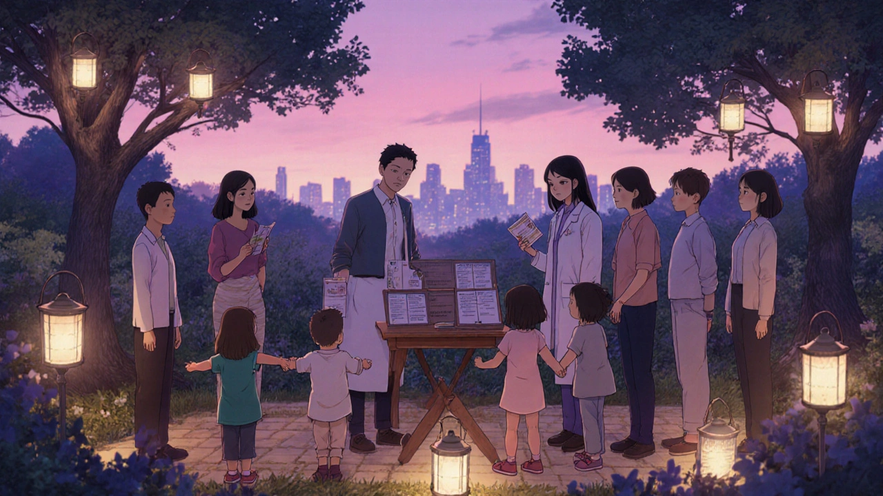 地域保健センターで子どもと家族が健康指導とリハビリを受ける希望に満ちた風景。