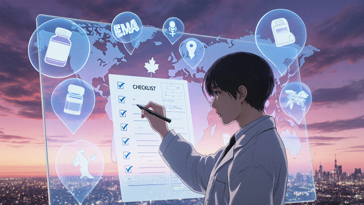 データ整理中の研究者と浮かぶ医薬品・医療機器のホログラム