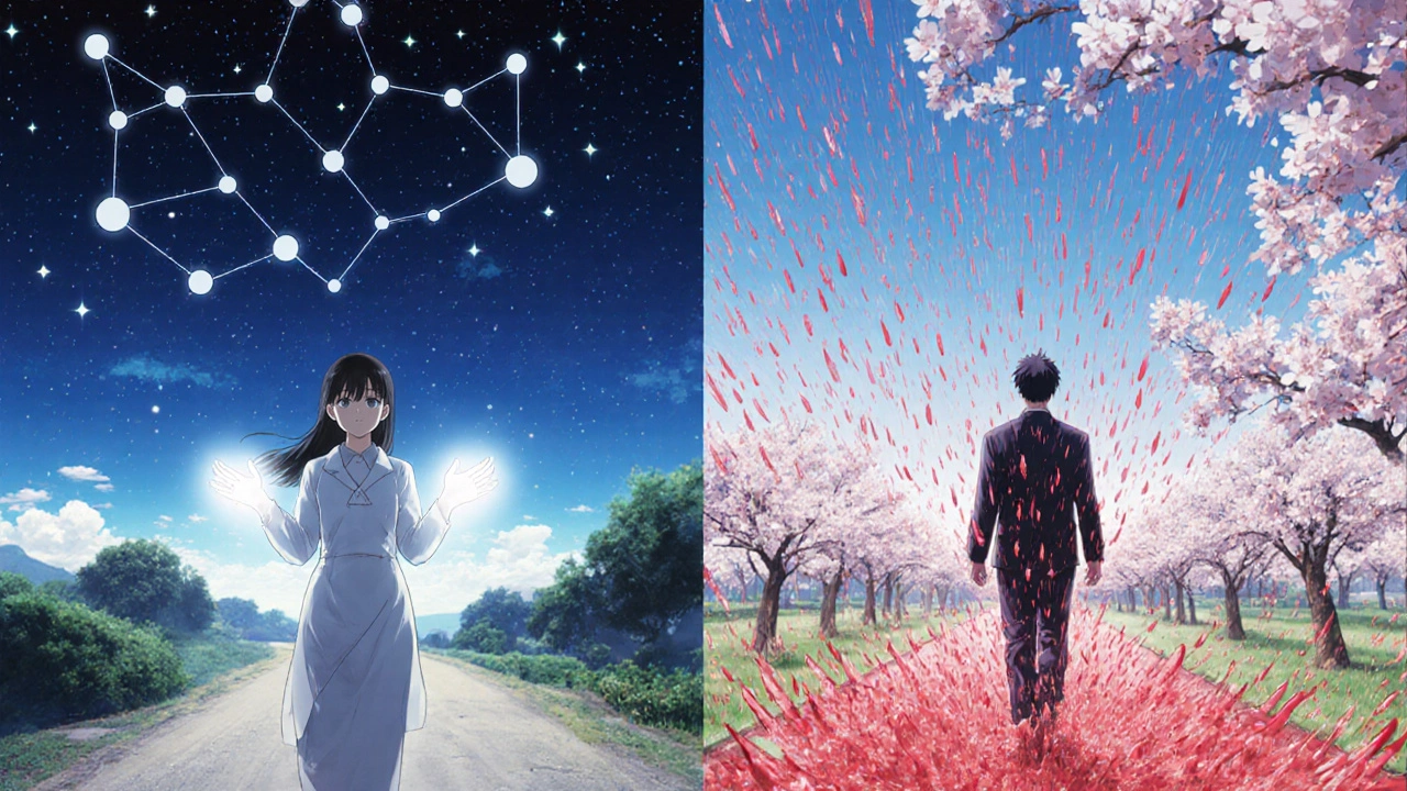 二つの治療の象徴的道：一方は星の constellation、もう一方は赤い雨の中を歩く。