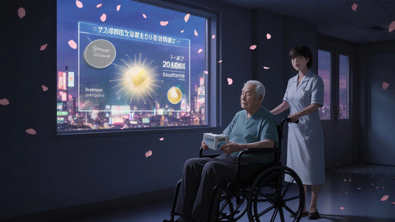 高齢患者がラピアクタの薬を手に、病院の廊下で未来の薬効比較ホログラムが浮かぶ。