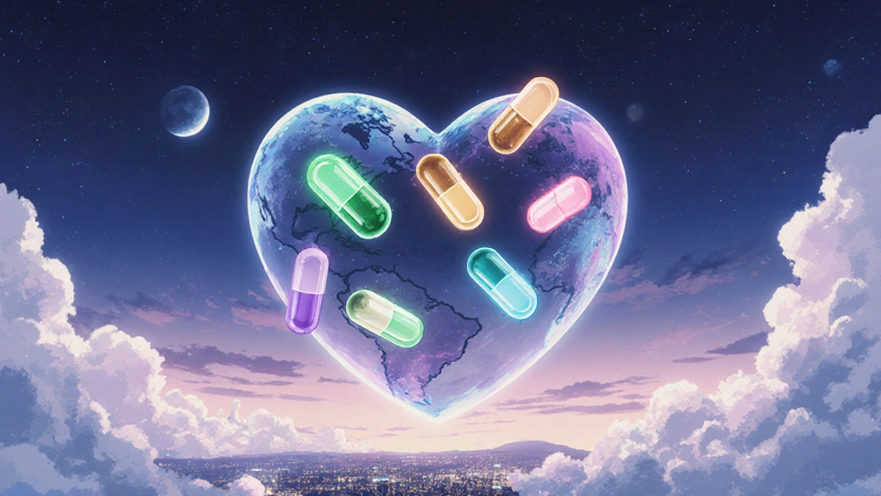 ハートの惑星の周りに六つのカラフルなカプセルが浮かんでいる様子。