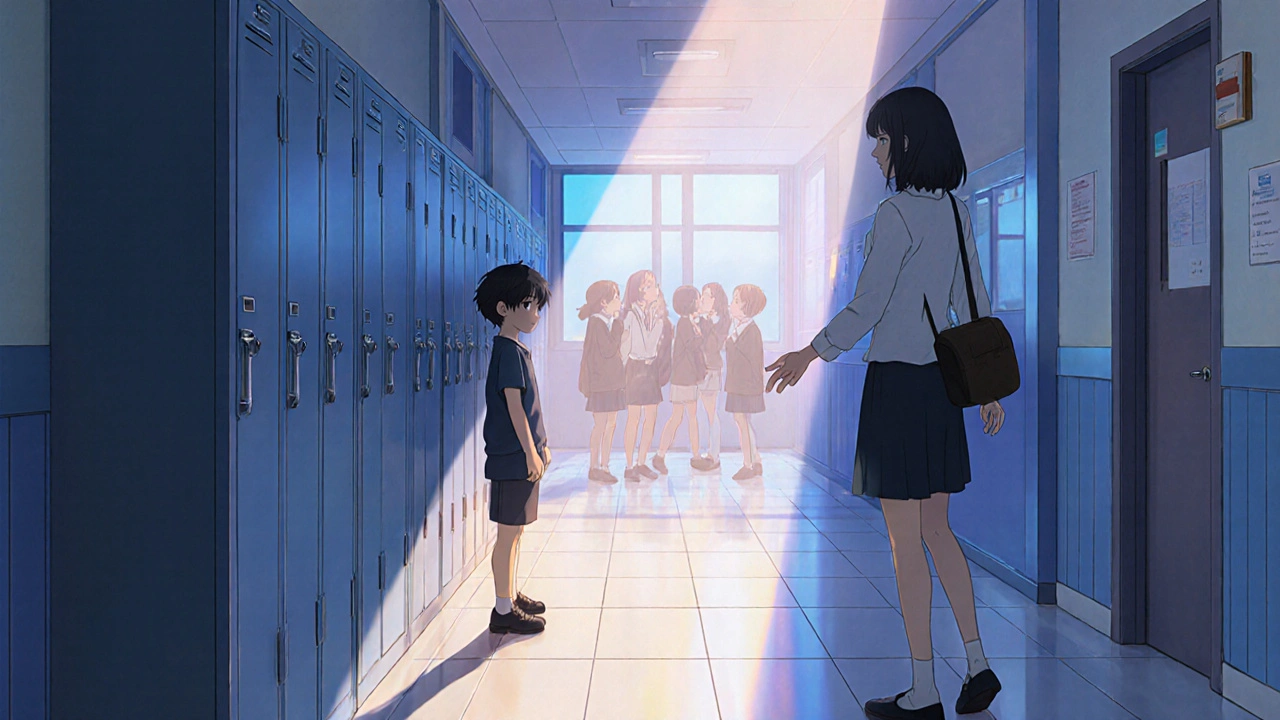 教室の廊下で孤立した子どもと、暖かく差し込む光の中で支える教師。