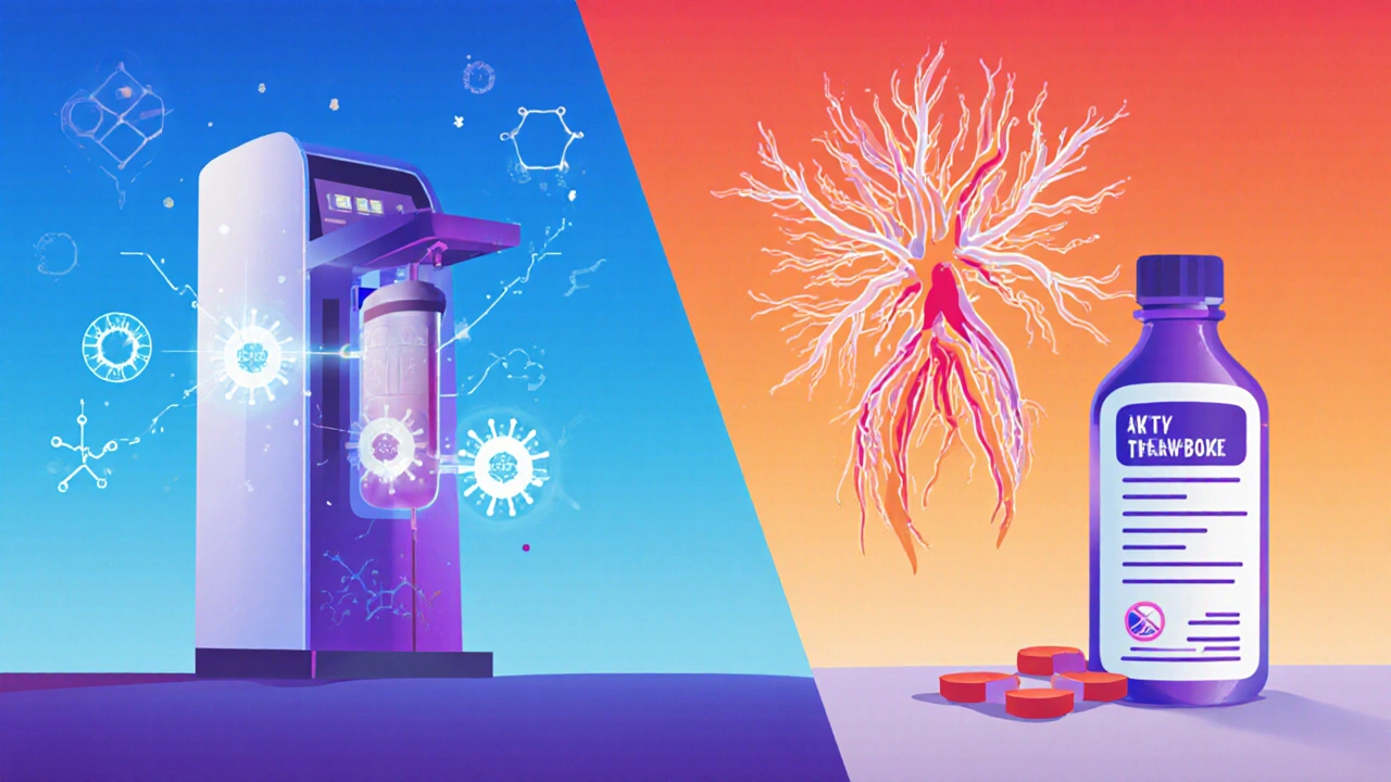 免疫チェックポイント阻害薬の点滴とTK阻害薬の経口薬が対比されたイラスト。