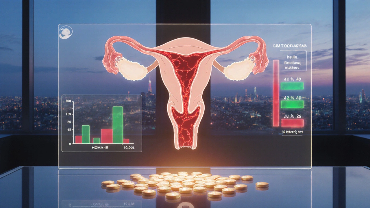 明るい研究室で、アスピリンの錠剤が浮かび、インスリン指標と子宮血流が青と金で示されている。