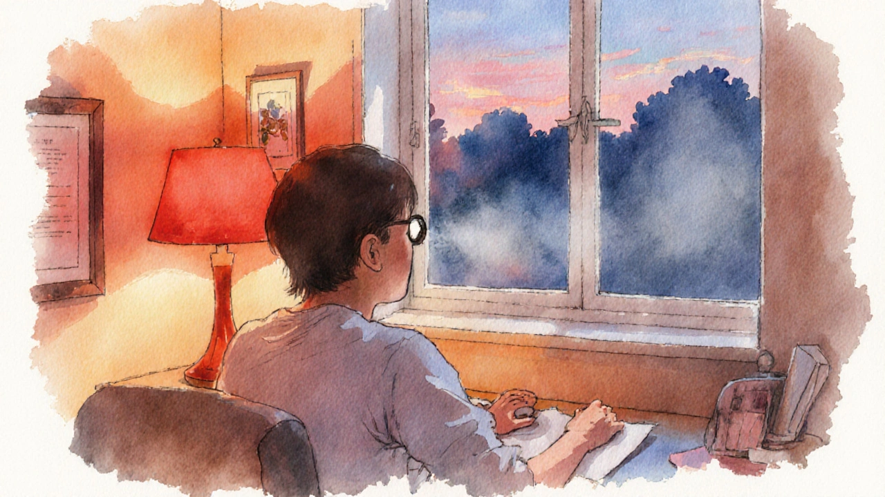 暖色の照明と窓の外を見る人がリラックスし、小さな瞳孔を示す絵。