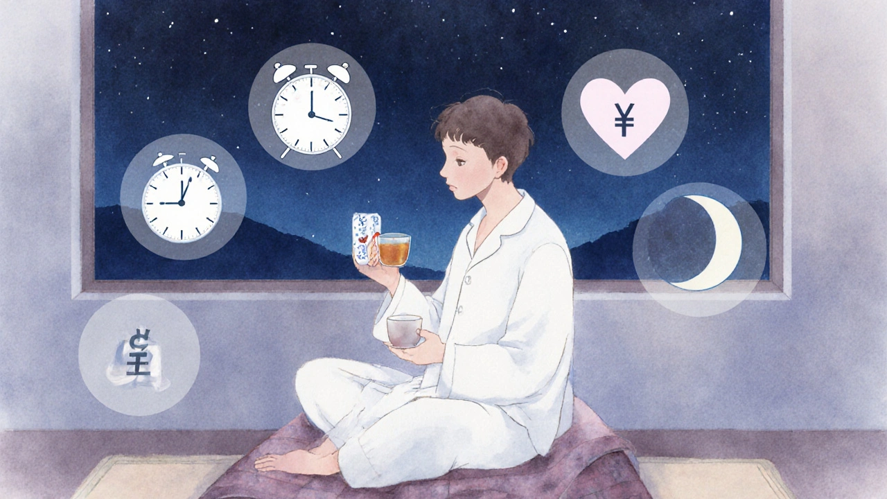 寝室で日本人が睡眠の目的・時間・安全性・価格を思案する様子。