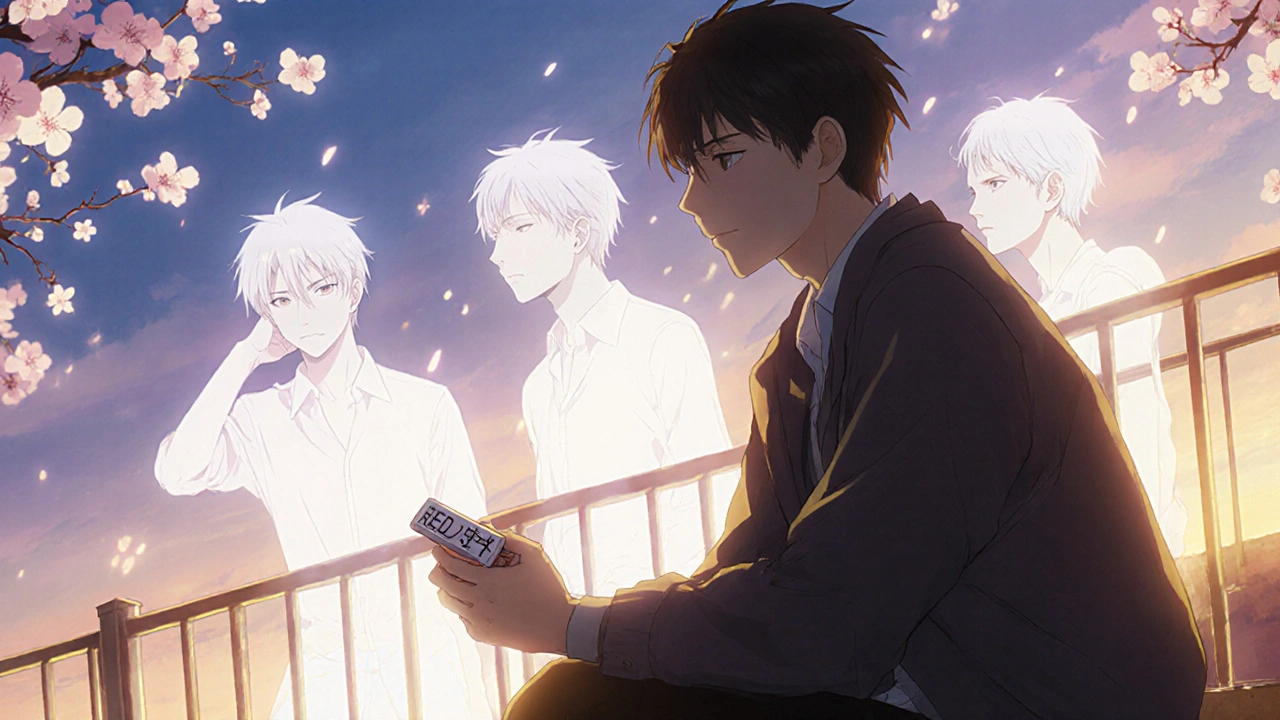 青年が薬の箱を手にし、背後に異なる自分たちの姿が浮かぶ夕焼けのバルコニー。