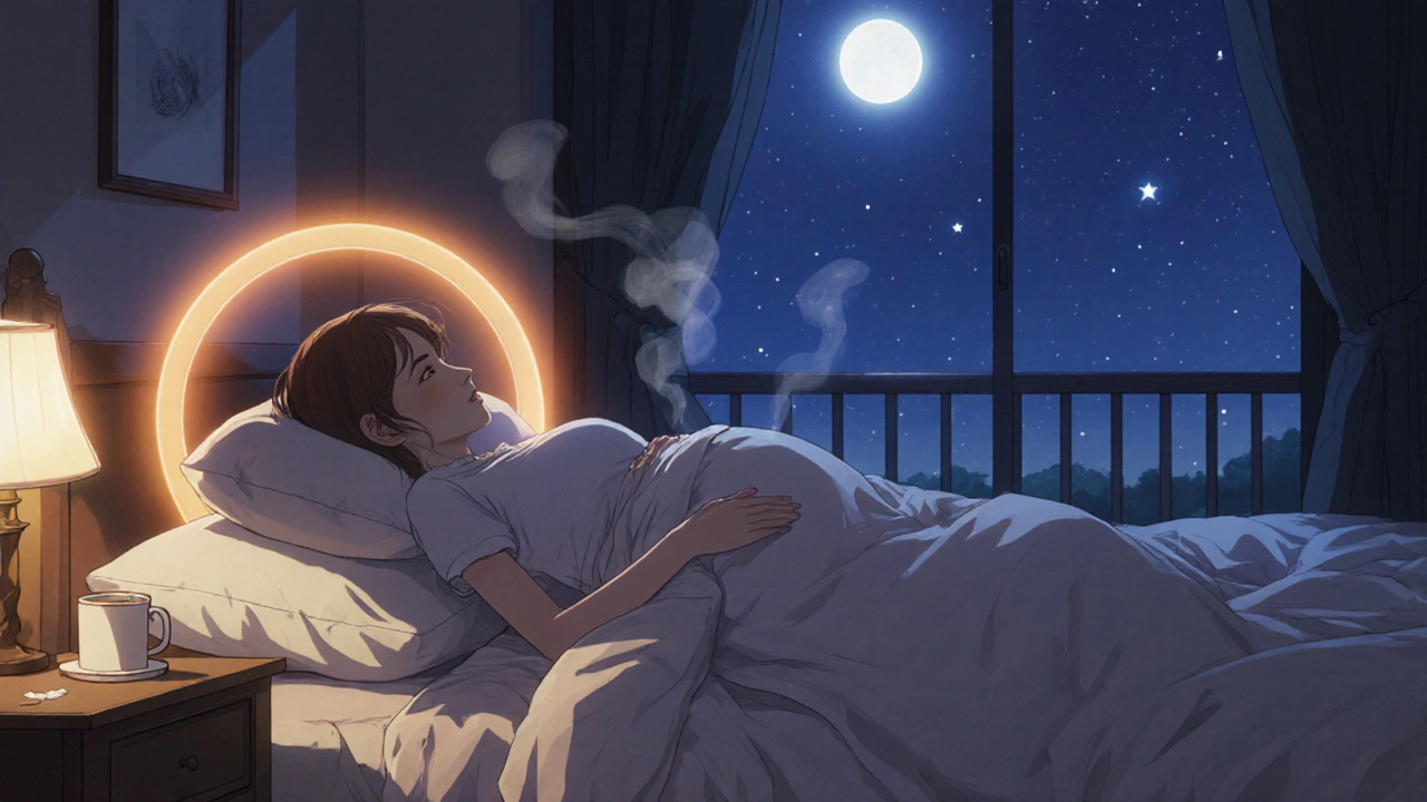 妊婦が横向きで枕を挟んで安らかに眠る様子。