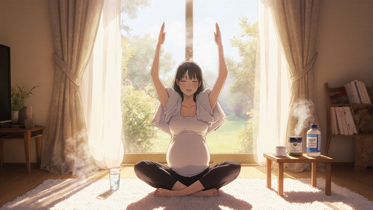 妊婦がヨガと温タオルでセルフケアをするシーン。