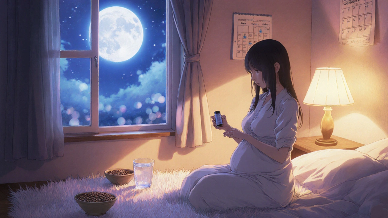 妊娠中の女性が部屋で保湿クリームを塗り、セルフケア用品が置かれている。