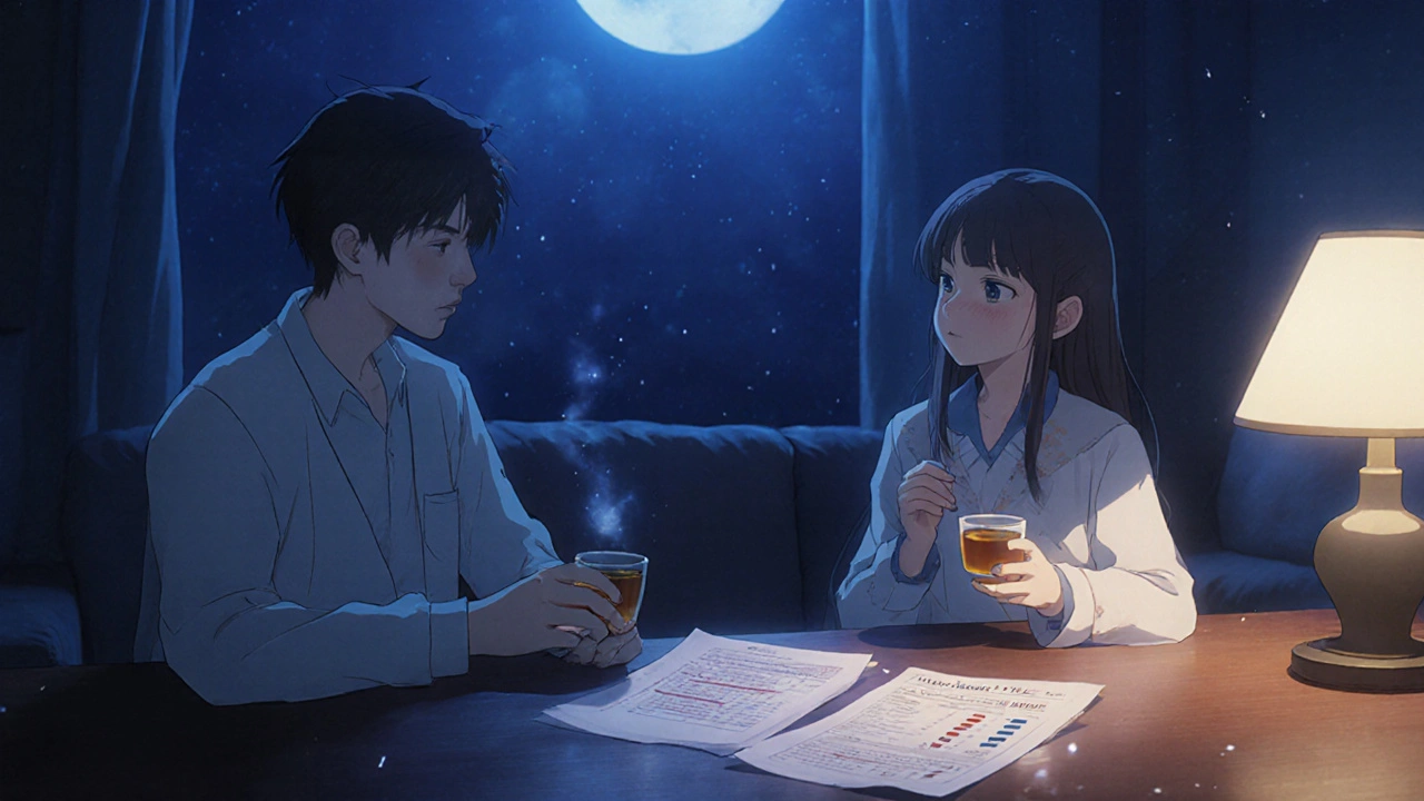 若者と親が夜のリビングで静かに話している様子、医療用の紙がテーブルに置かれている。