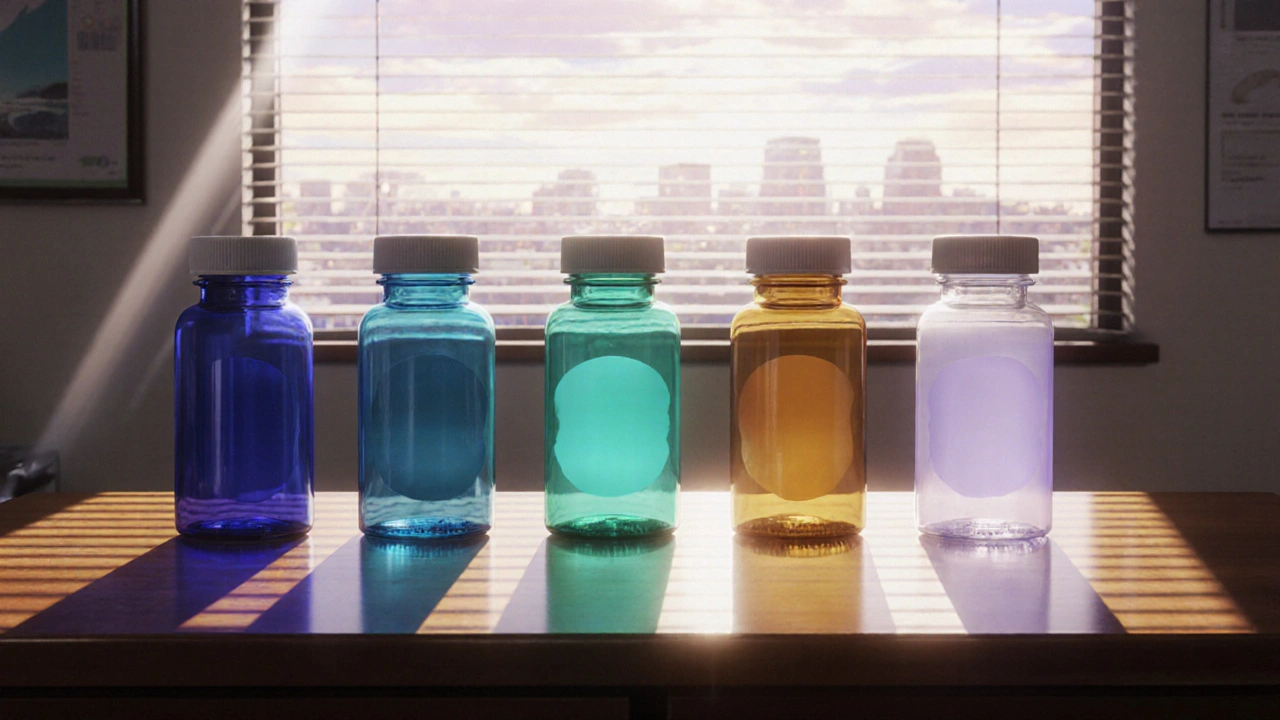 さまざまな抗うつ薬の瓶がテーブルに並び、光がそれぞれの特徴を暗示するシーン