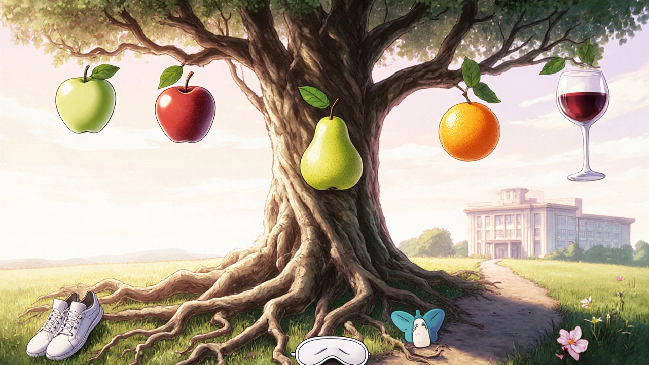 三つの果実が実る木と生活習慣の要素が根でつながる、朝焼けの象徴的風景。