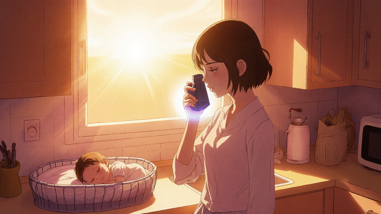 授乳直後に吸入し、赤ちゃんが笑顔で安心している様子。