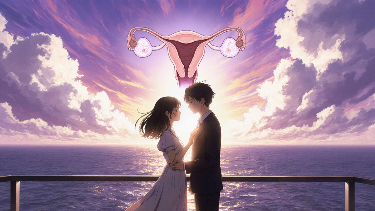 夕暮れのバルコニーで、光る雲に卵胞の輪郭が映るカップル。