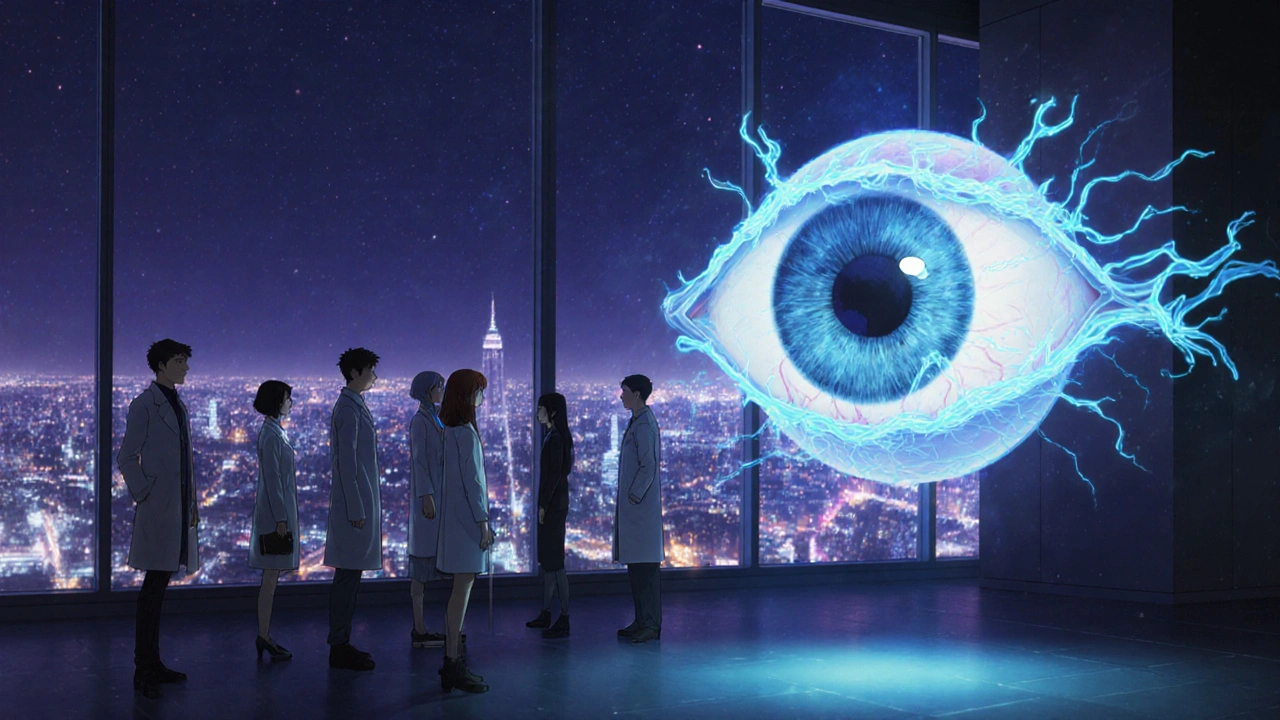 研究者がホログラムの眼モデルとプラゾシンのカプセルを操作している様子。