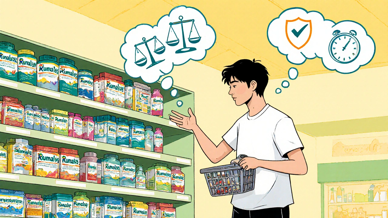 薬局の棚でサプリを比較検討する若者と思考バブルのアイコン。