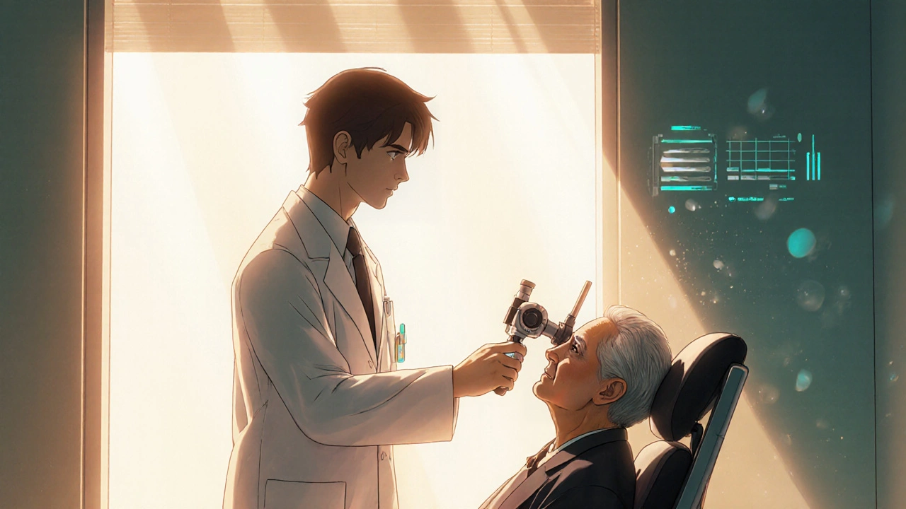 医師が患者の目を診察し、眼圧測定を示す場面。