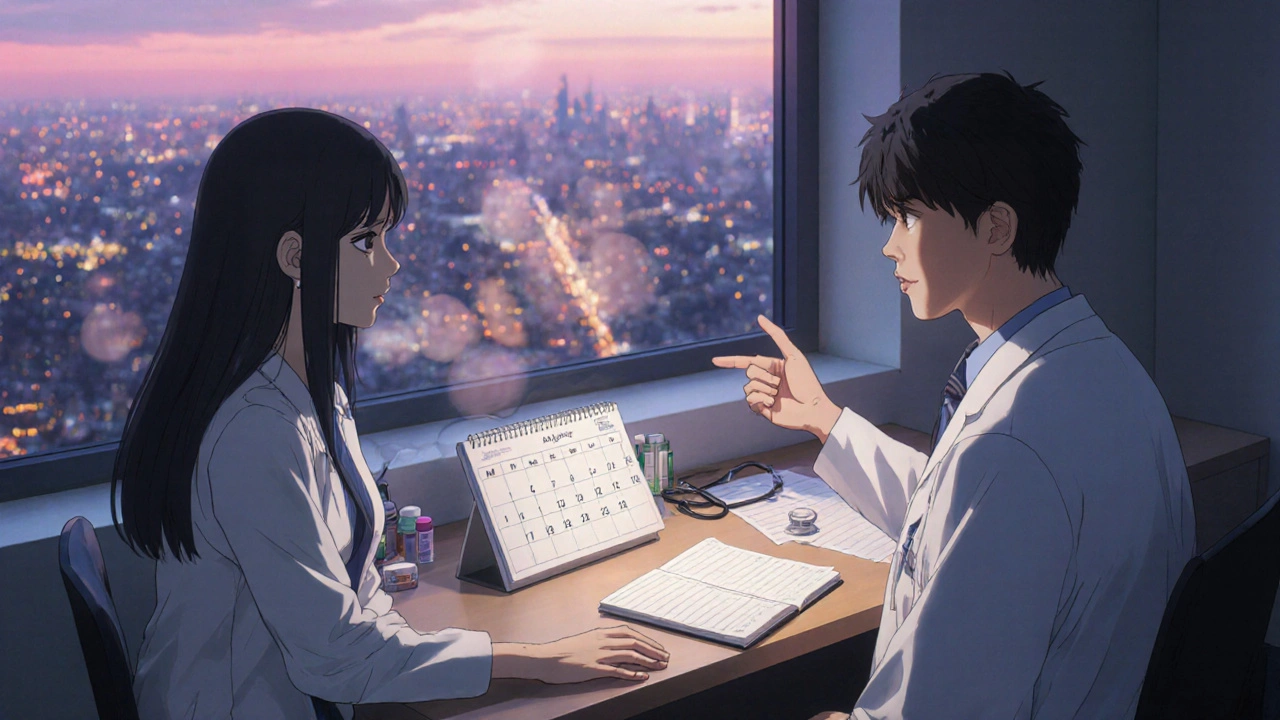 医師と患者が薬の切り替えを相談し、背景に夕暮れの街並みが広がる光景