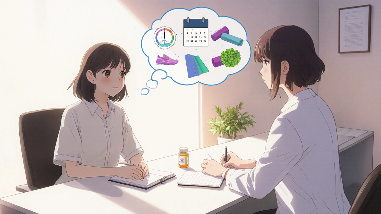 医師と女性が診察室で相談し、テーブルにアスピリンと健康的な生活のシンボルが置かれている。