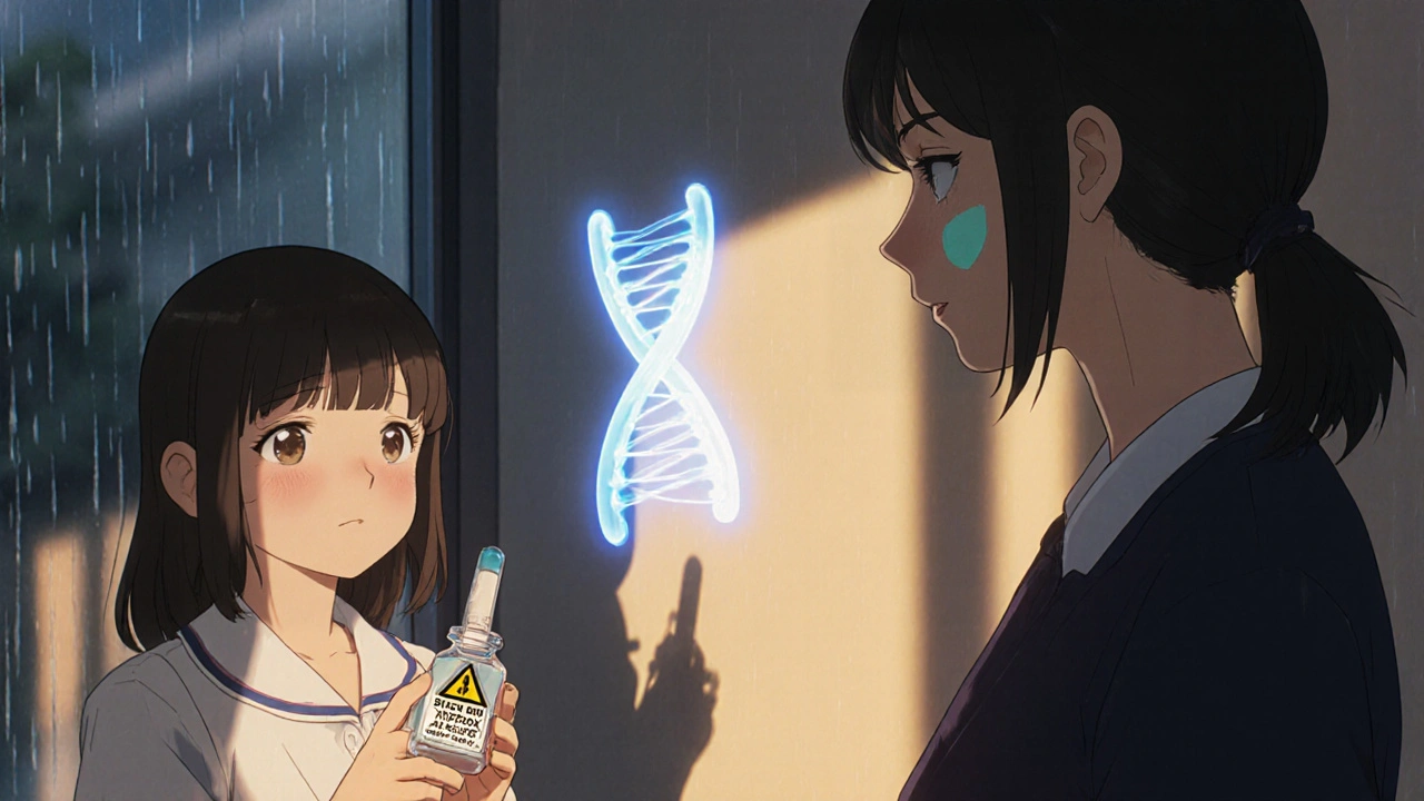 遺伝子検査クリニックで唾液サンプルを握る少女、壁に映る影にCYP2D6遺伝子の三重コピーが光る。