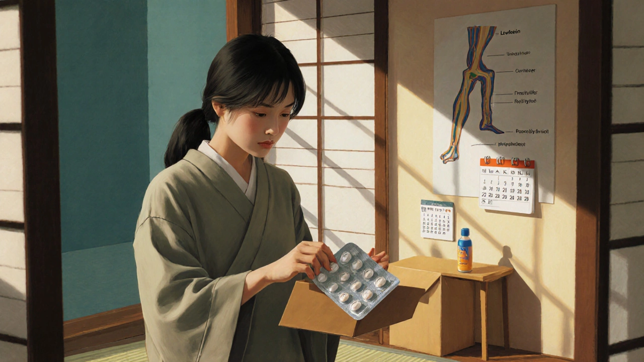 宅配箱を開けて薬を確認する女性と日差しの描写。