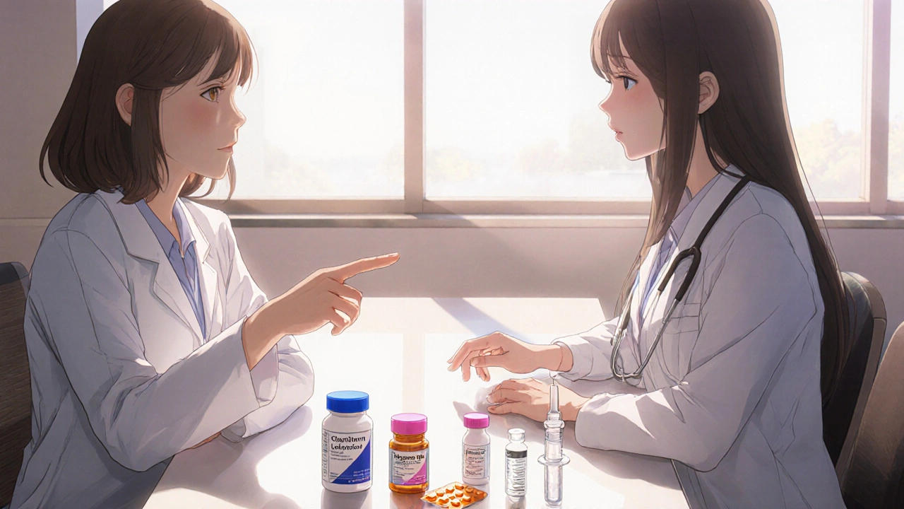 診察室の机にClomid、Tamoxifen、Letrozole、ゴナドトロピンが並んでいる。