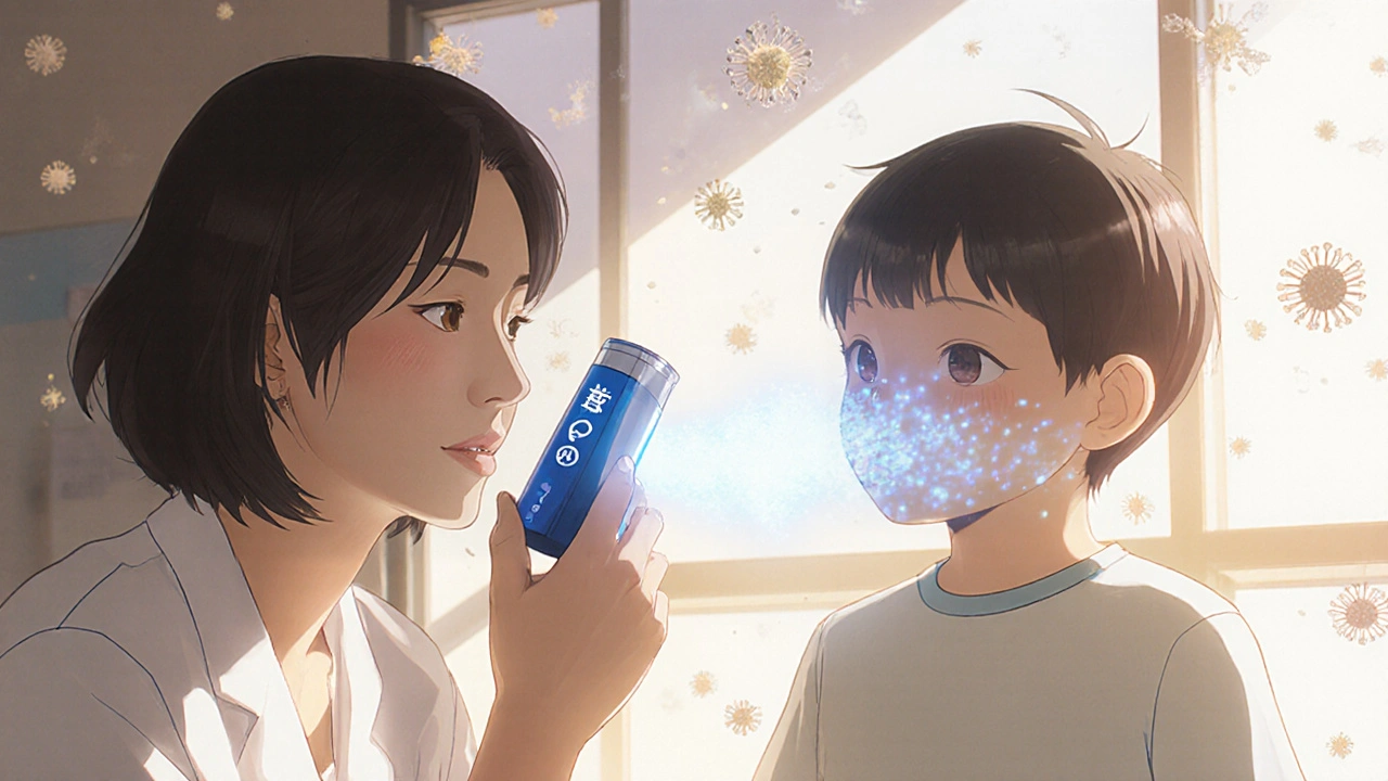 子供がイナビルを吸入し、ウイルスの粒子が光とともに消えている様子。