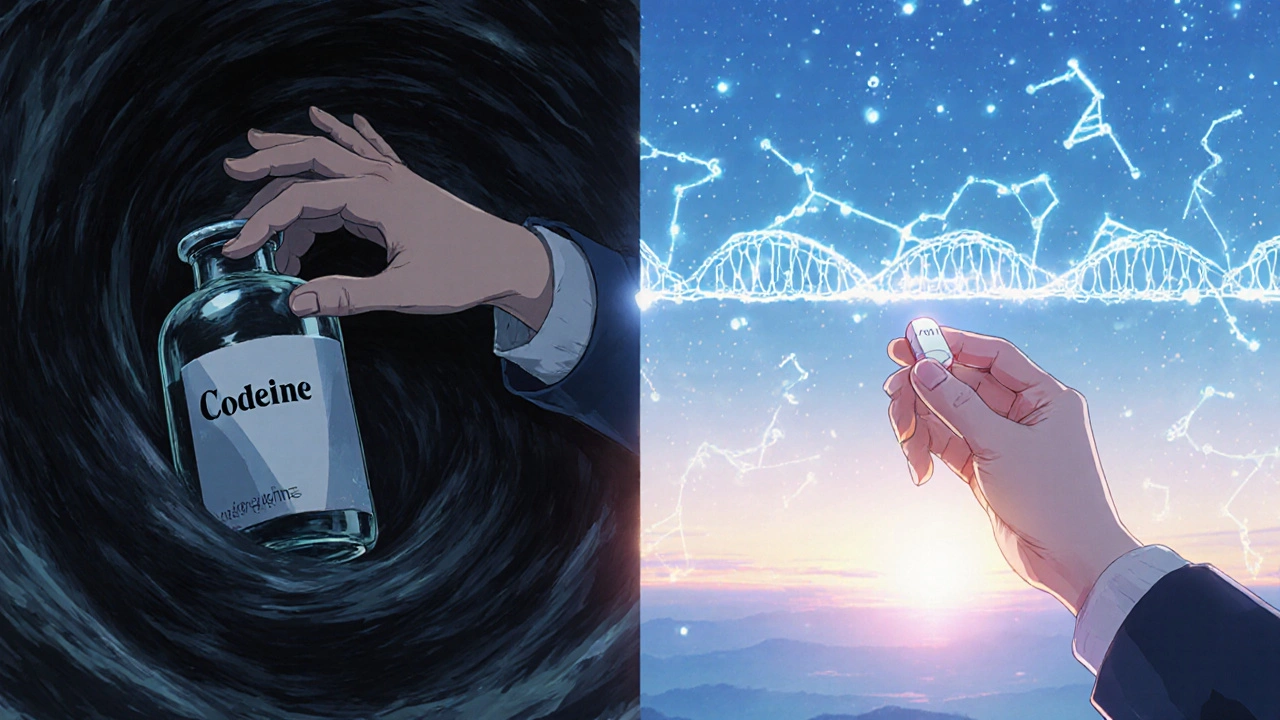 左はコデインの薬瓶に影が寄せる、右はモルヒネの薬が青い光に包まれ、DNAの橋が両者をつなぐ情景。