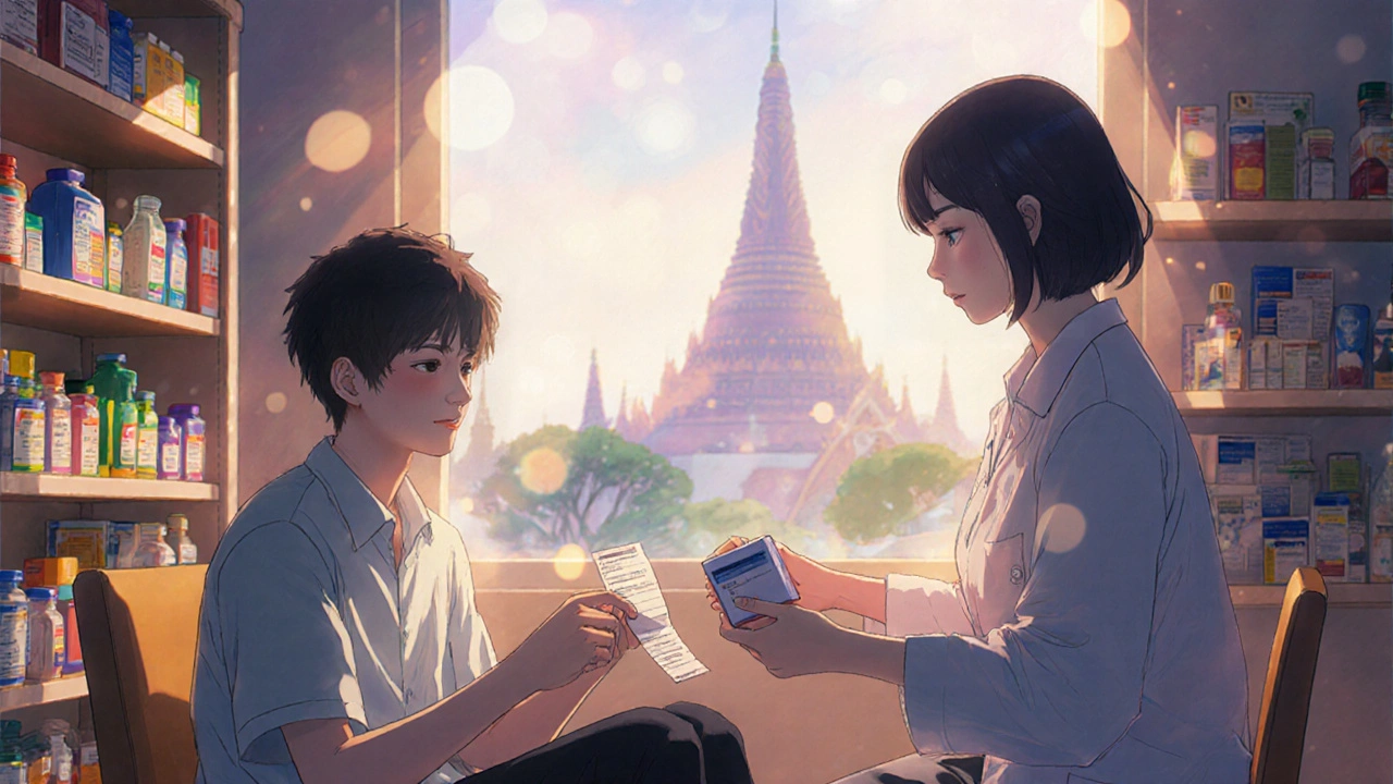 バンコクの薬局で薬剤師から処方箋を受け取る患者の姿。