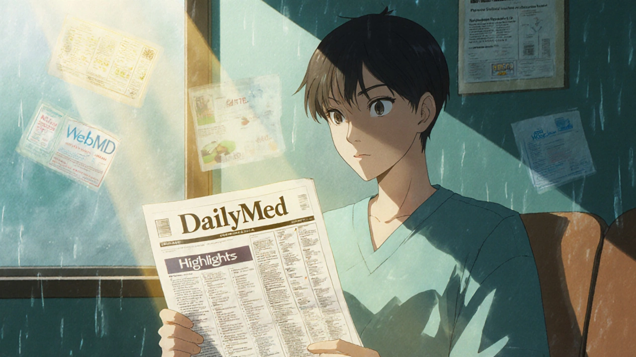 病院でDailyMedの薬情報ページを眺める患者。商業サイトの影が薄れ、光が製品ラベルを照らす。