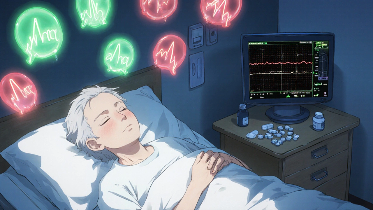 病院のベッドで眠る高齢者と、浮かぶ甲状腺ホルモンの幽霊のような存在。