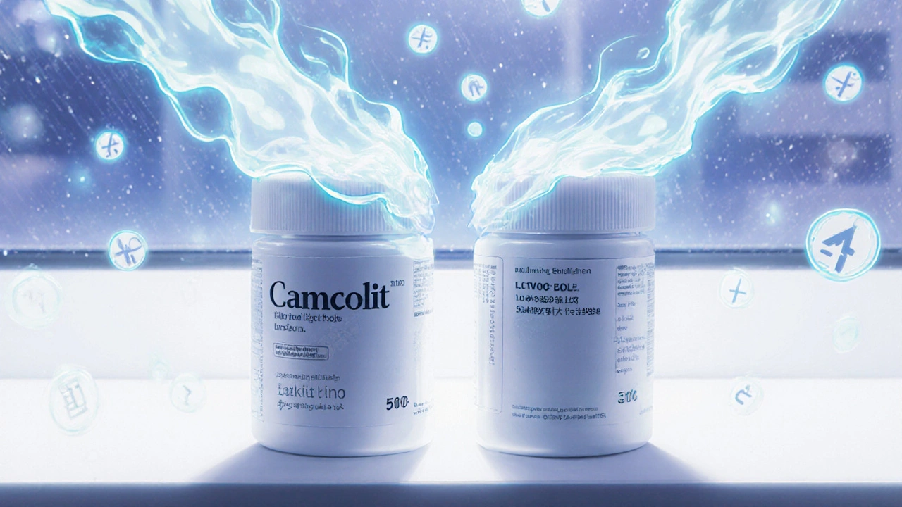 ブランド薬とジェネリックの薬瓶の横でリチウムイオンの流れが異なる様子。