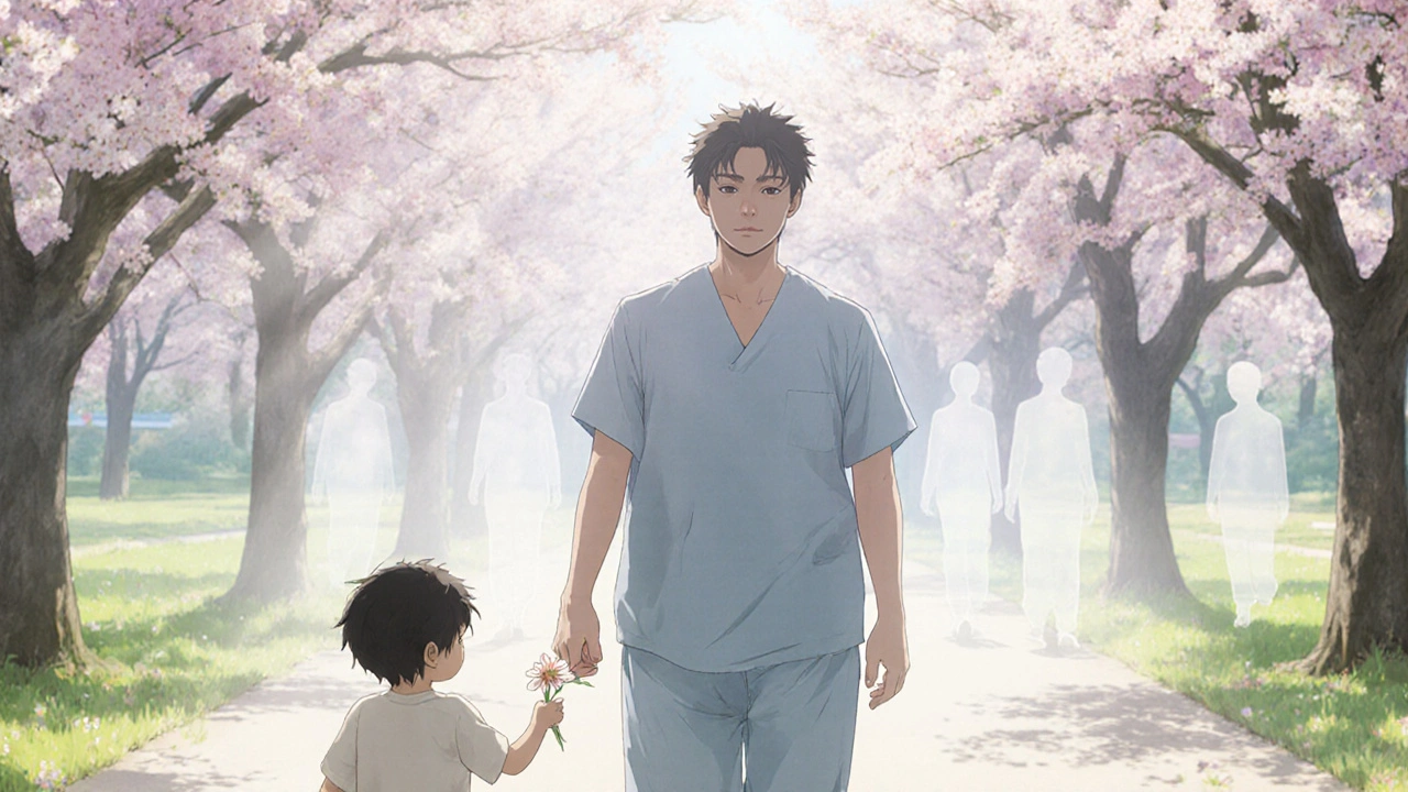 春の公園を歩くがん患者、桜の下で微笑み、過去の自分は霞のように消えている。