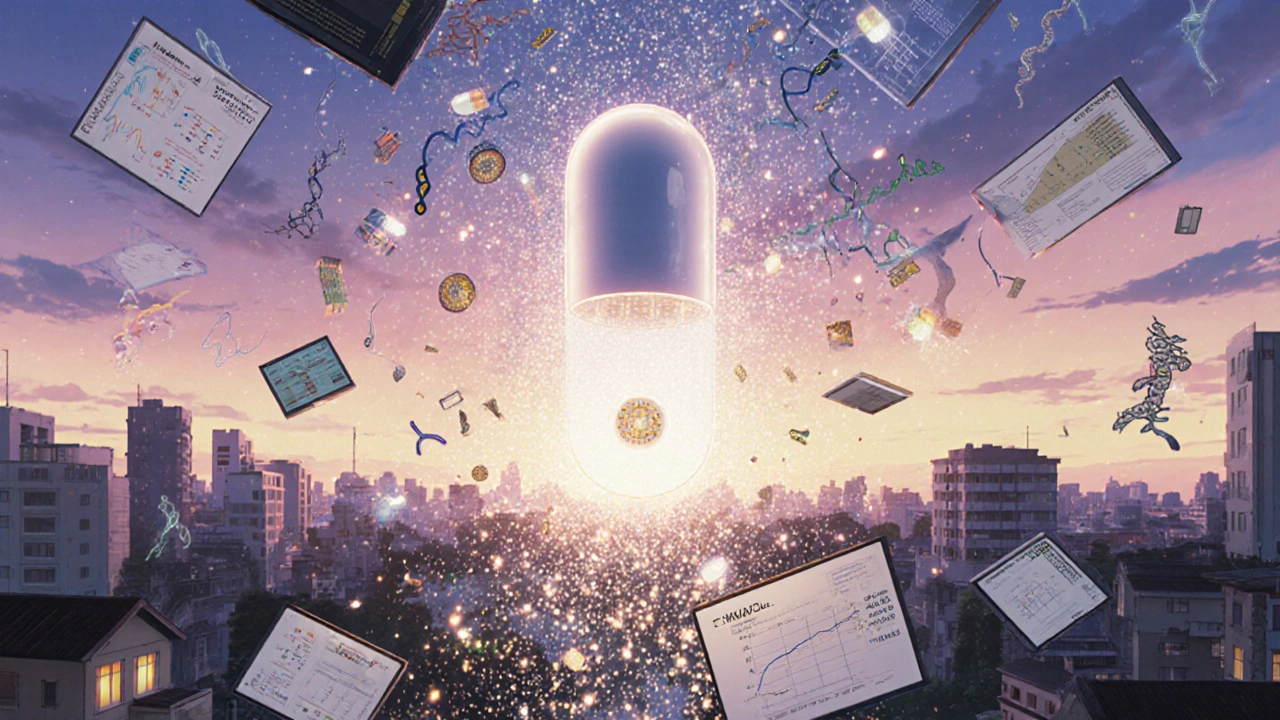 デジタル錠剤が光の道を進み、日本中の患者と医療をつなぐ風景。