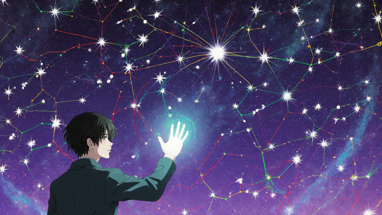 DrugBankの薬物相互作用が星のネットワークとして浮かぶ。色のリボンが分子構造を描く。