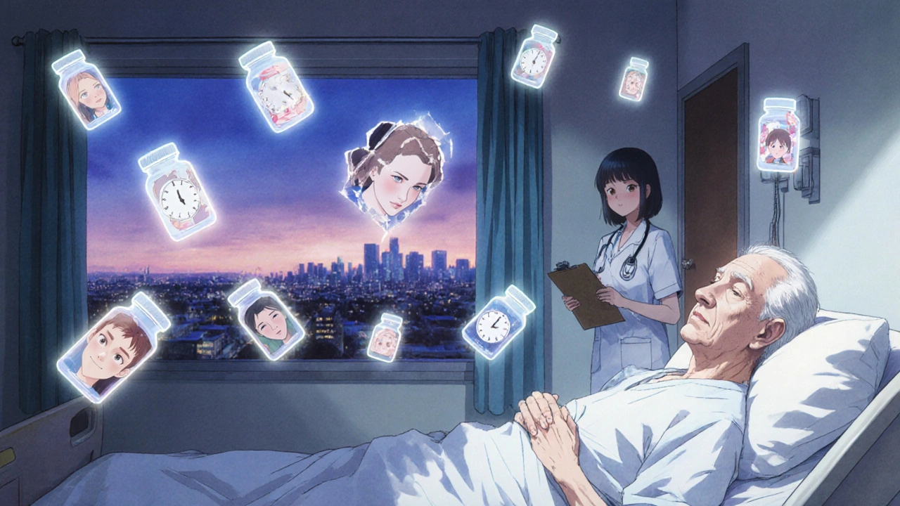 高齢の男性が病院で幻覚に苦しむ様子、薬の瓶が空中に浮かぶ。