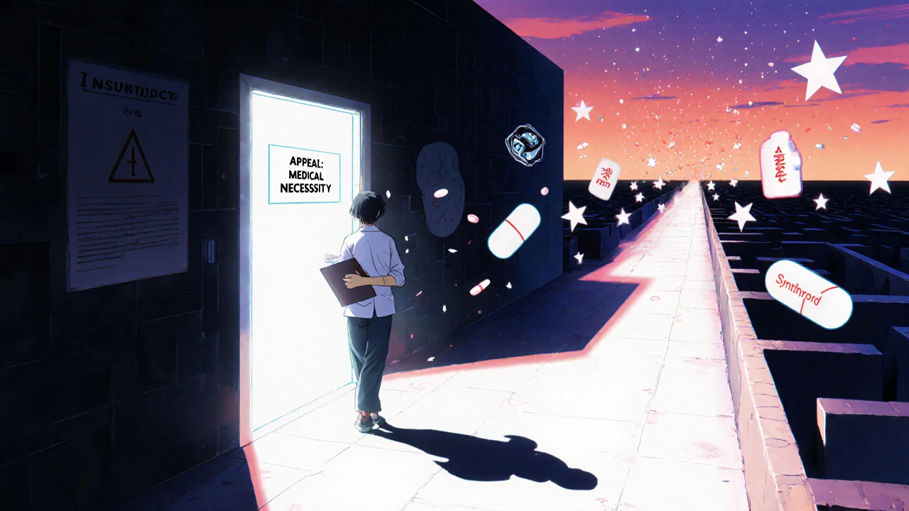 患者が保険拒否のドアを越え、医療の光の道を歩む幻想的な風景。