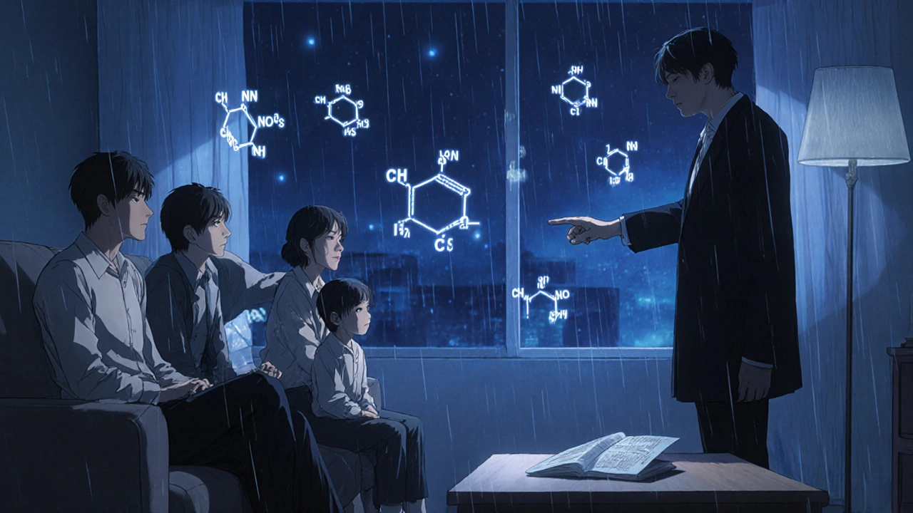 家族が幻覚の存在に気づき、薬のラベルが光る部屋で静かに向き合う。