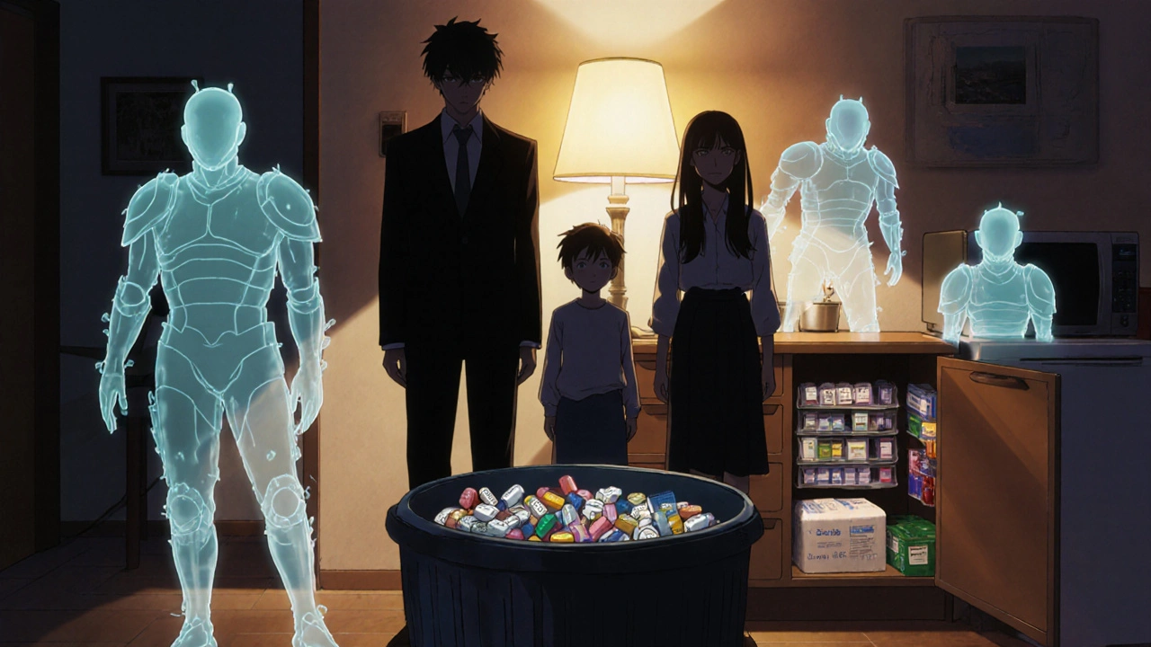 家族が期限切れの薬を捨て、その中から耐性菌の影が立ち昇る様子。