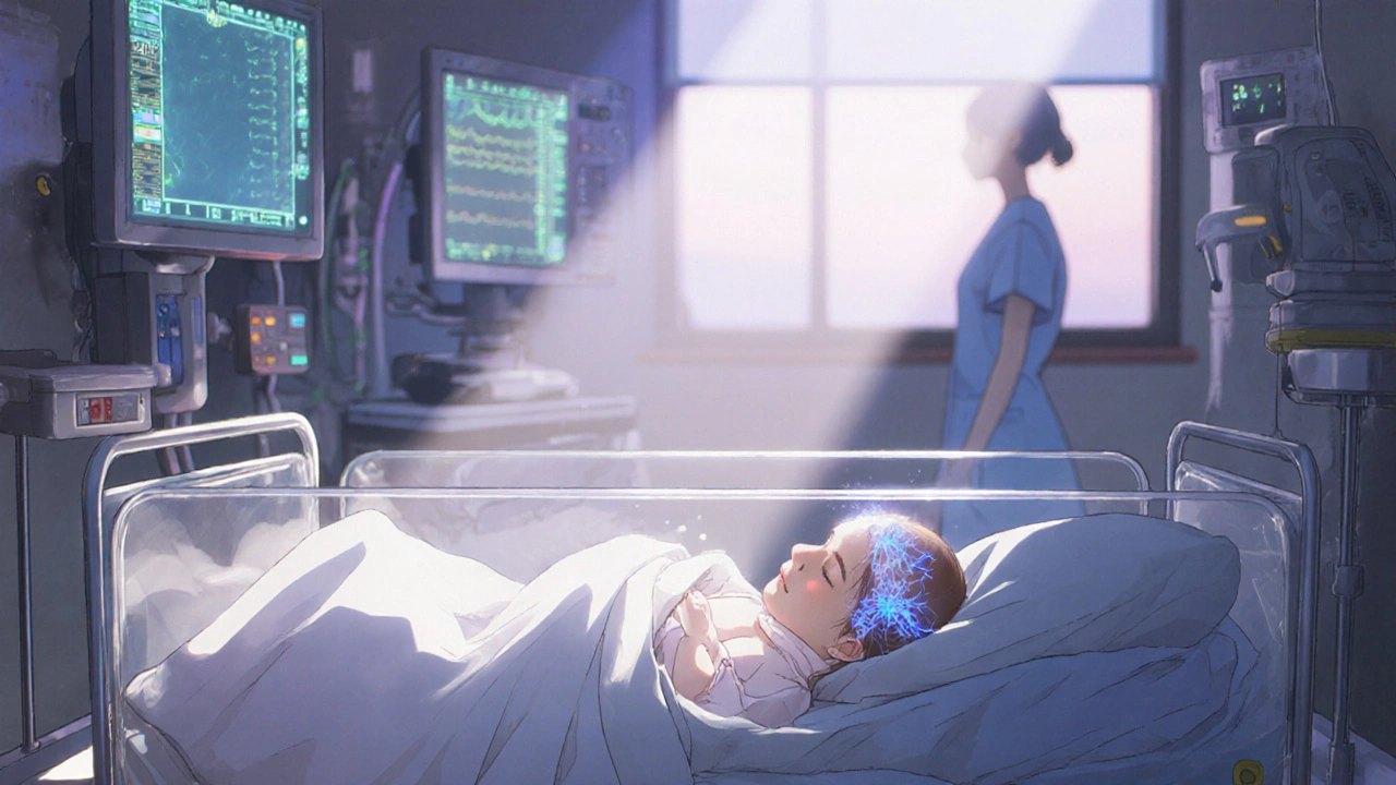 NICUの新生児が温かな光に包まれ、神経の輝きが頭部に浮かぶ静かな場面。