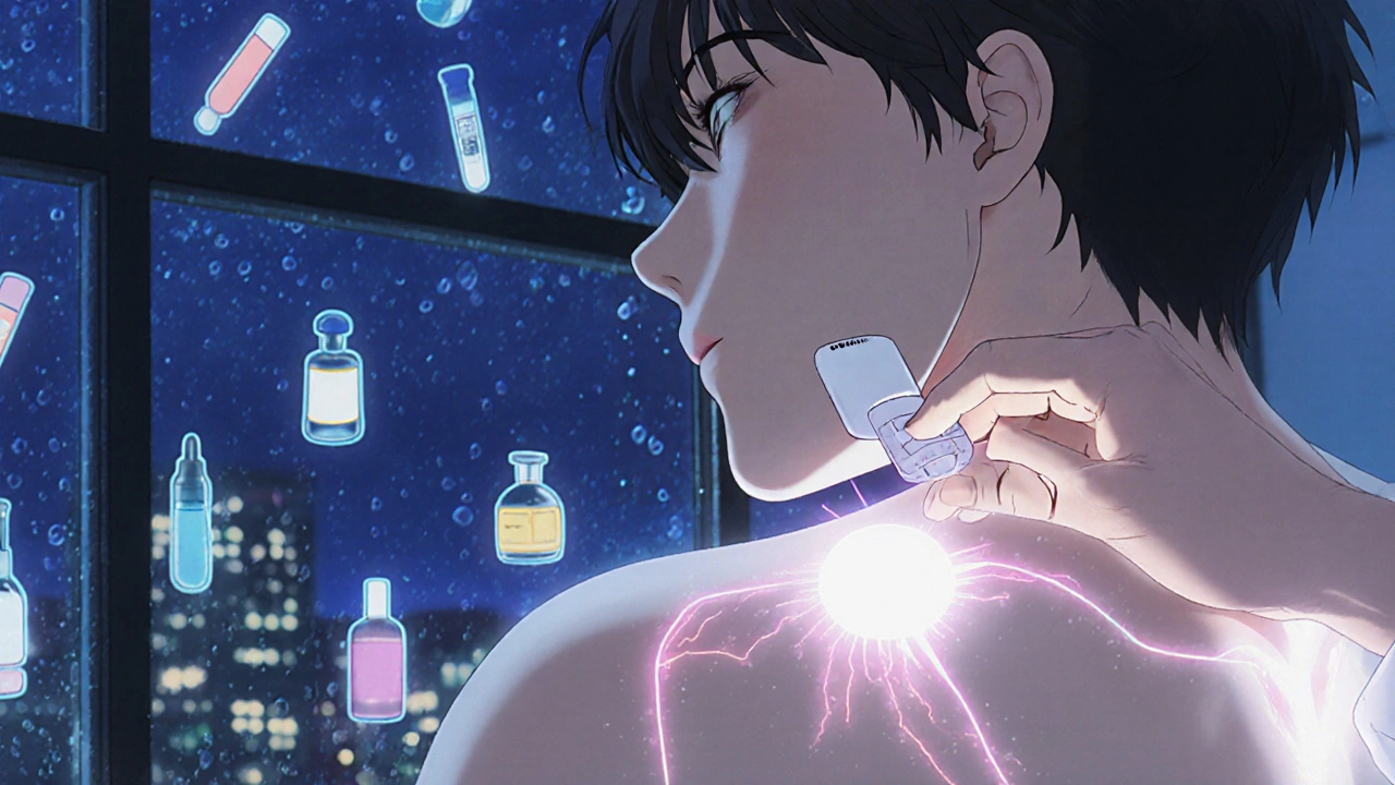 皮膚科医が背中にパッチテストを貼り、皮膚の奥に免疫反応の光の線が広がる様子。