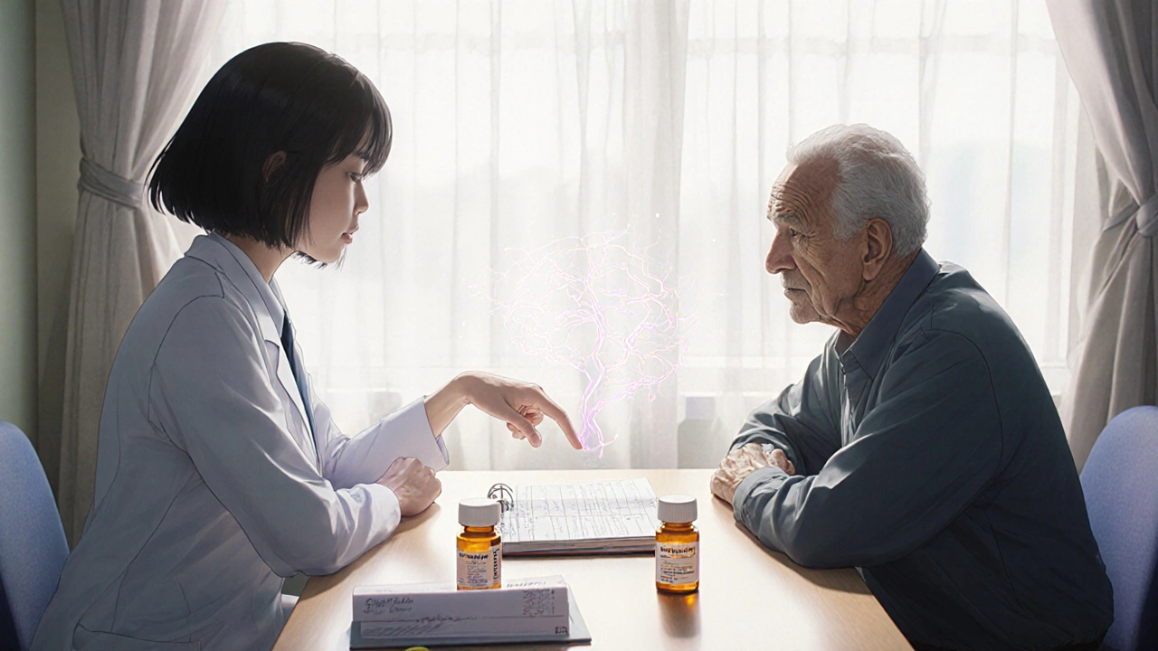 神経科医と高齢の患者が診察室で発作の日記を確認し、薬のボトルが光を放ち、神経回路が静かに脈打つ。