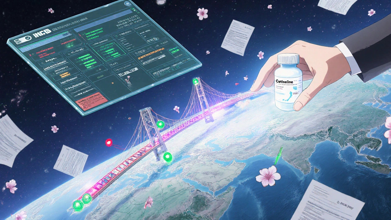 世界地図に浮かぶ国別薬規制データと薬の瓶が橋になる幻想的なシーン。