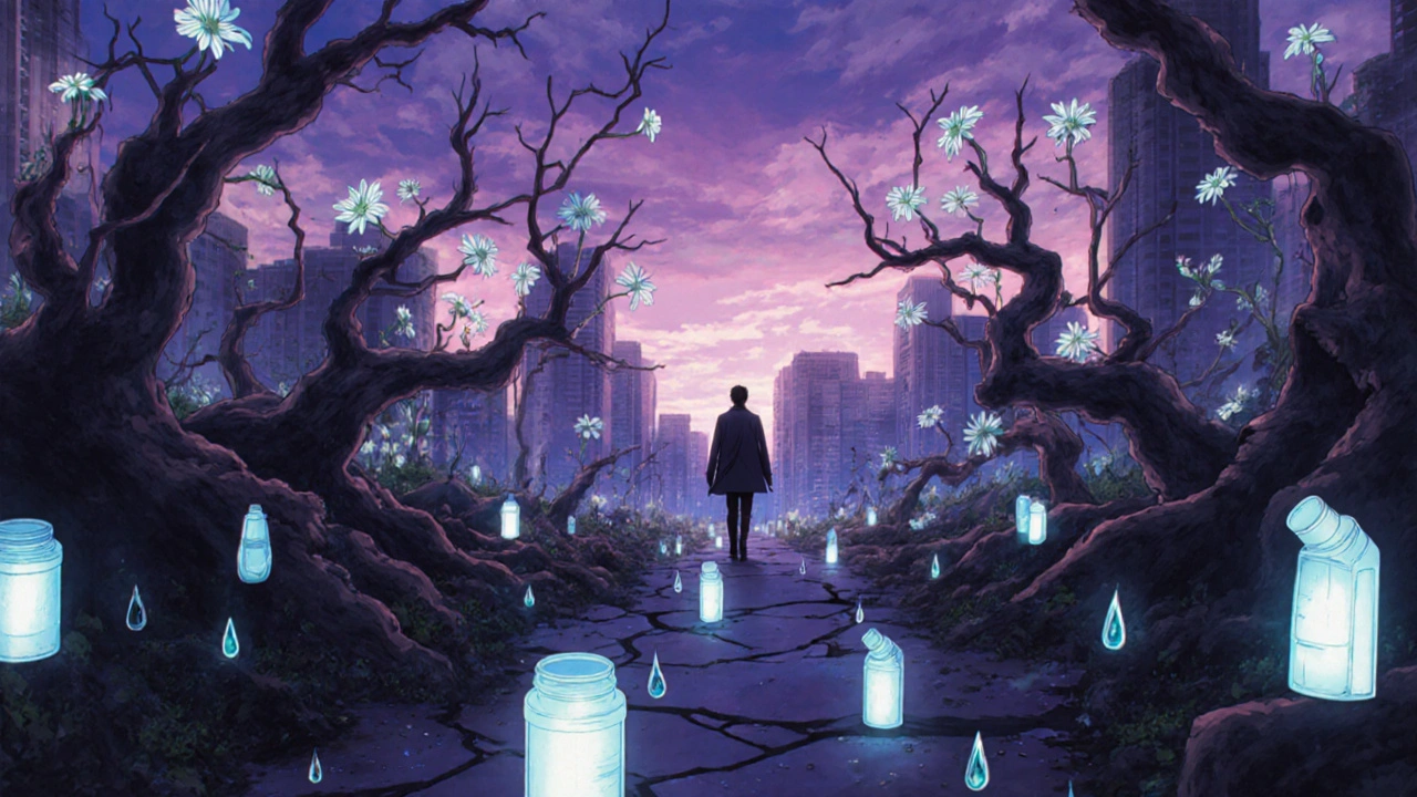 砕けた気道が花を咲かせる象徴的な風景。未来の治療への希望を示す。