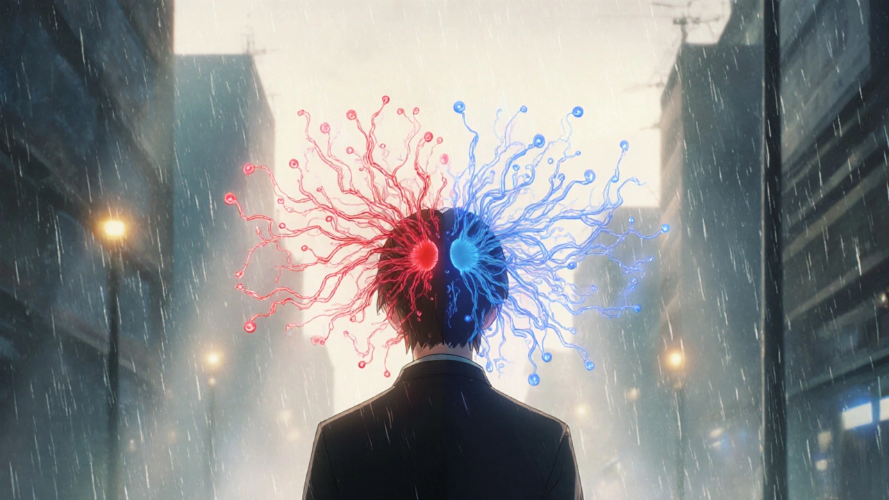 霧の中を歩く人物の影が二つに分かれ、脳幹に神経の光の道が輝いている様子。
